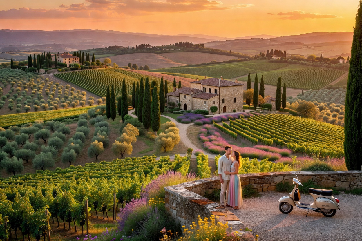 Create a featured image concept for this blog topic: write a short blog on a trip to tuscany italy, highlighting its beacuty and things to do. use a romantic tone. Image rules: no text, no letters, no words, no logos, and no watermarks.